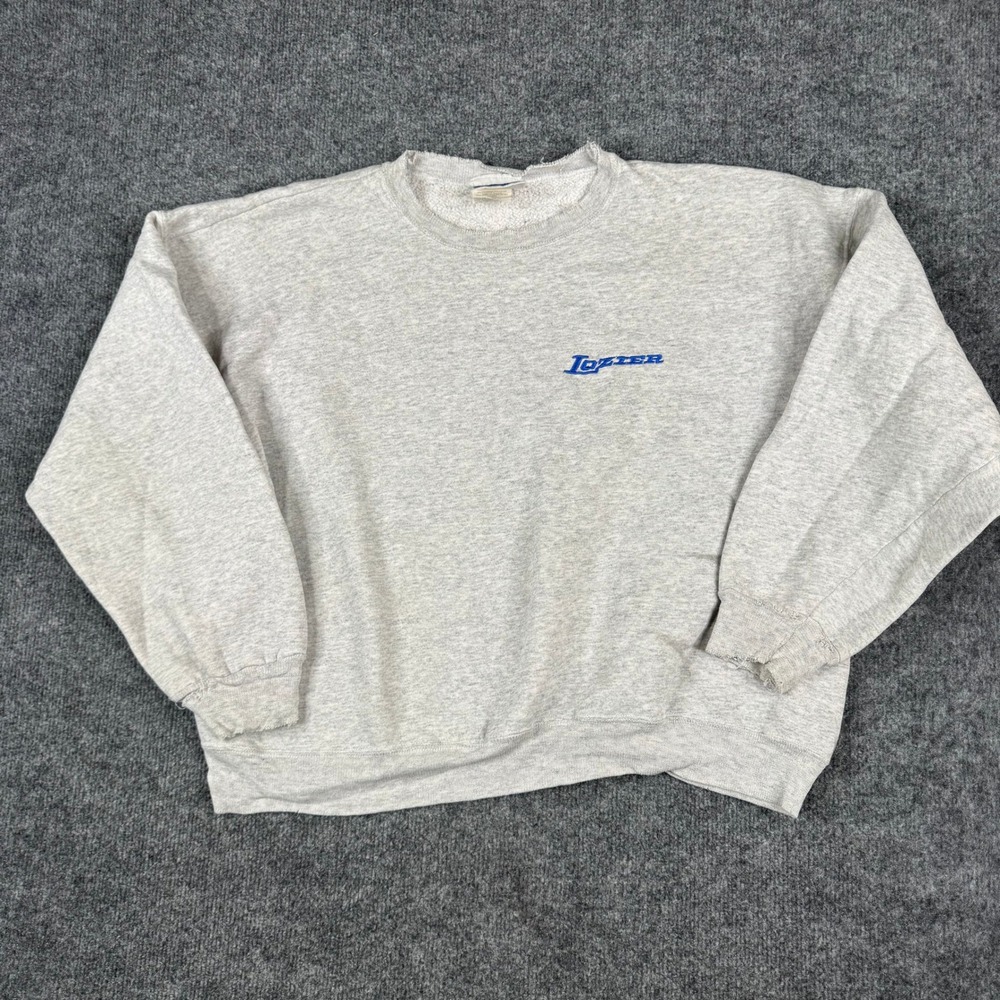 Hanes Sweatshirt Mens Size L Grey Heavyweight Lozier Logo Distressed Rips Stains